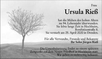 Traueranzeige von Ursula Rieß von vrm-trauer