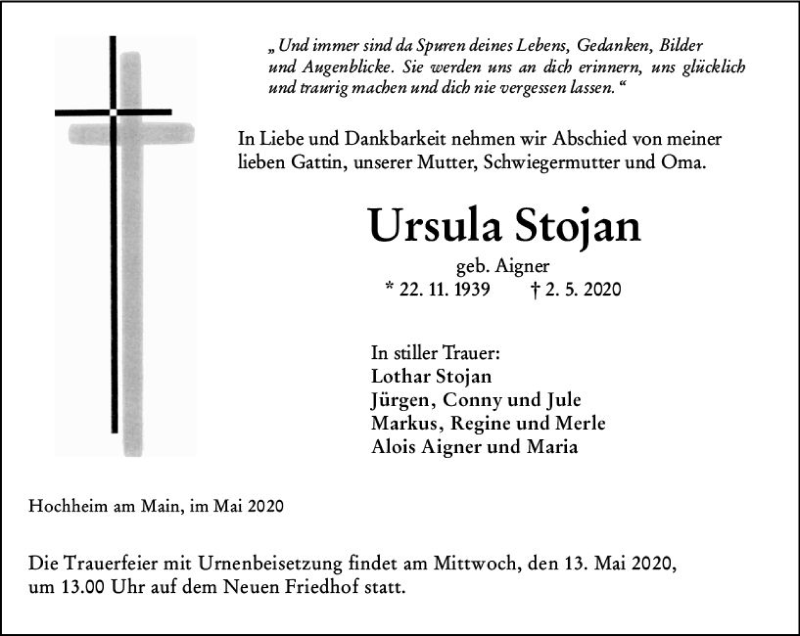  Traueranzeige für Ursula Stojan vom 08.05.2020 aus vrm-trauer