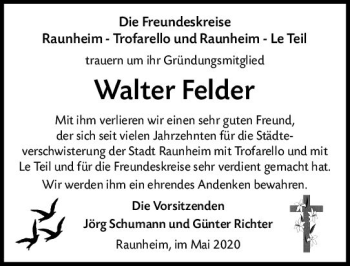 Traueranzeige von Walter Felder von vrm-trauer