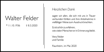 Traueranzeige von Walter Felder von vrm-trauer