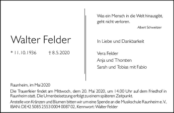 Traueranzeige von Walter Felder von vrm-trauer