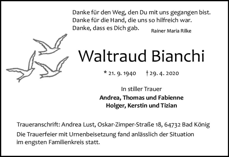  Traueranzeige für Waltraud Bianchi vom 09.05.2020 aus vrm-trauer
