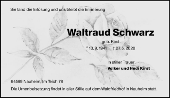 Traueranzeige von Waltraud Schwarz von vrm-trauer