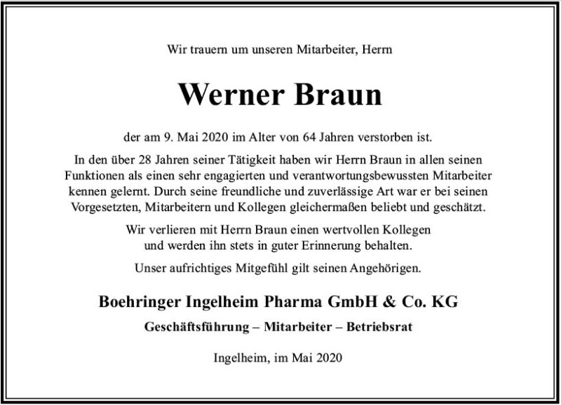  Traueranzeige für Werner Braun vom 27.05.2020 aus vrm-trauer
