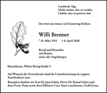 Traueranzeige von Willi Brenner von vrm-trauer
