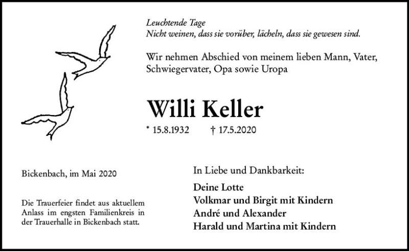  Traueranzeige für Willi Keller vom 23.05.2020 aus vrm-trauer