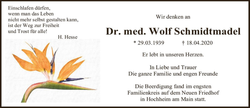  Traueranzeige für Wolf Schmidtmadel vom 09.05.2020 aus vrm-trauer