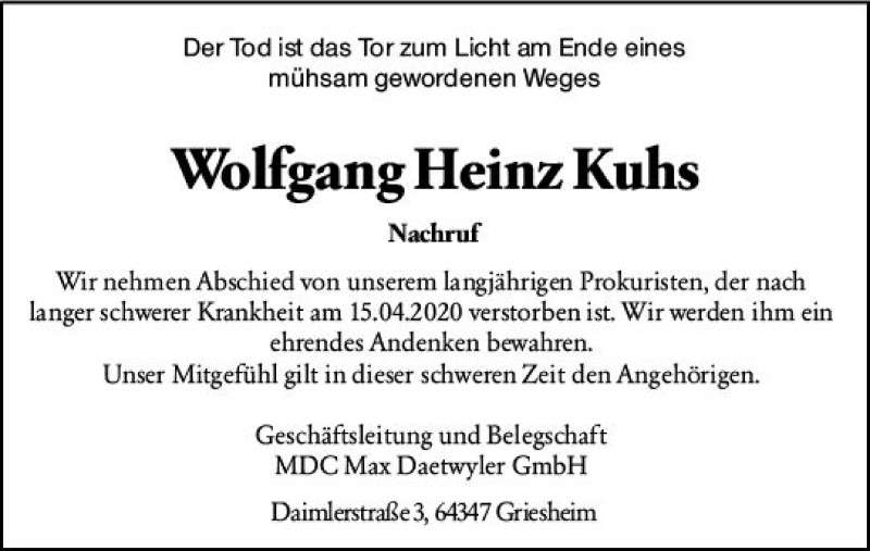  Traueranzeige für Wolfgang Heinz Kuhs vom 04.05.2020 aus vrm-trauer