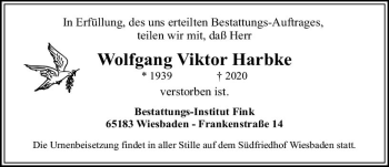 Traueranzeige von Wolfgang Viktor Harbke von vrm-trauer