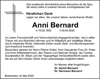 Traueranzeige von Anni Bernard 