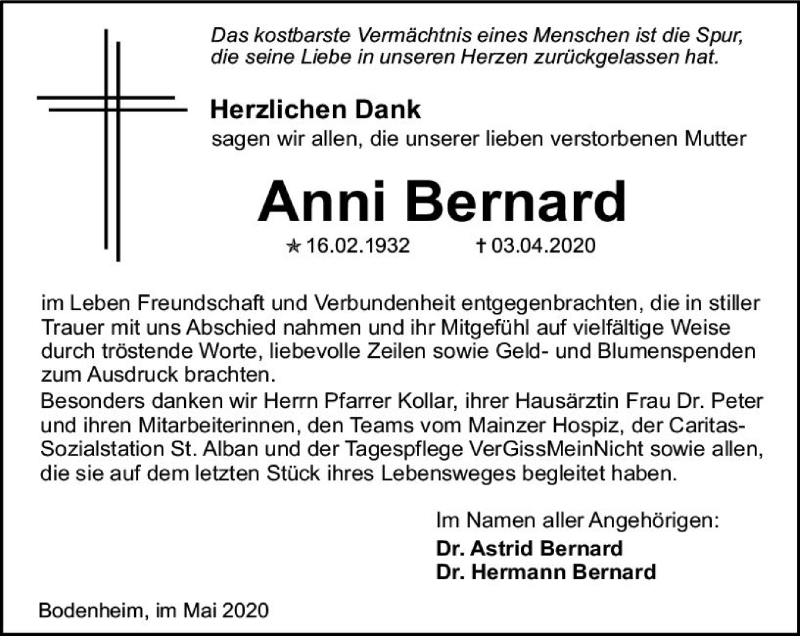  Traueranzeige für Anni Bernard vom 03.06.2020 aus 