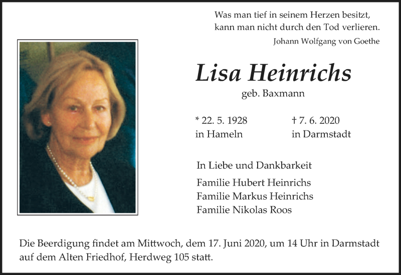  Traueranzeige für Lisa Heinrichs vom 13.06.2020 aus VRM Tageszeitungen