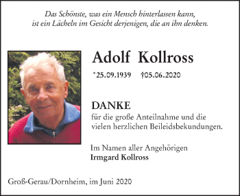 Traueranzeige von Adolf Kollross von vrm-trauer