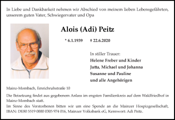 Traueranzeige von Alois Peitz von vrm-trauer