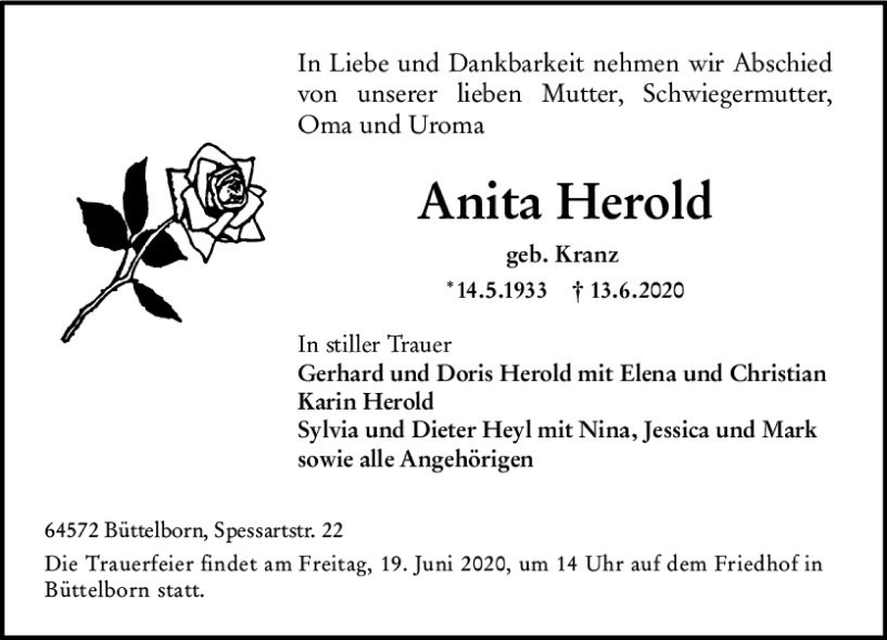  Traueranzeige für Anita Herold vom 17.06.2020 aus vrm-trauer