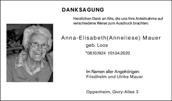Traueranzeige von Anna-Elisabeth Mauer von vrm-trauer