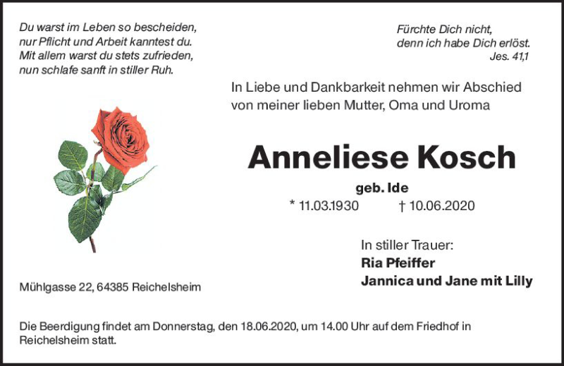  Traueranzeige für Anneliese Kosch vom 16.06.2020 aus vrm-trauer