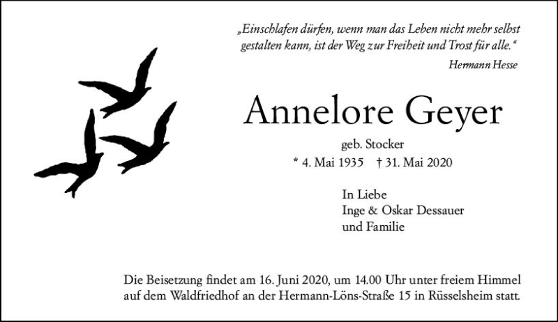  Traueranzeige für Annelore Geyer vom 13.06.2020 aus vrm-trauer