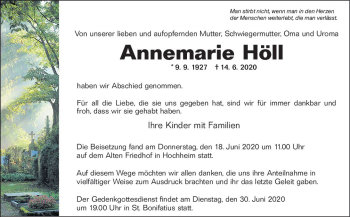 Traueranzeige von Annemarie Höll von vrm-trauer