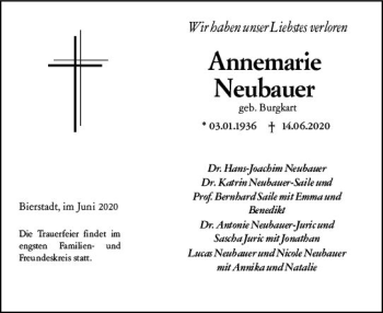 Traueranzeige von Annemarie Neubauer von vrm-trauer