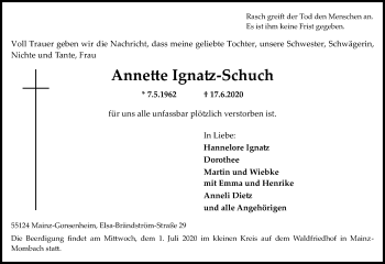 Traueranzeige von Annette Ignatz-Schuch von vrm-trauer