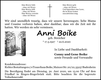 Traueranzeige von Anni Boike von vrm-trauer