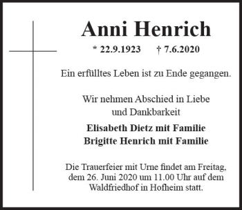 Traueranzeige von Anni Henrich von vrm-trauer
