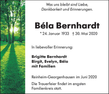 Traueranzeige von Bela Bernhardt von vrm-trauer