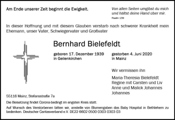 Traueranzeige von Bernhard Bielefeldt von vrm-trauer