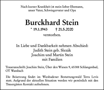 Traueranzeige von Burckhard Stein von vrm-trauer