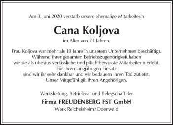 Traueranzeige von Cana Koljova von vrm-trauer
