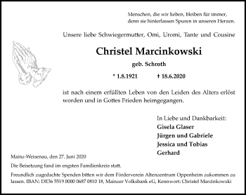 Traueranzeige von Christel Marcinkowski von vrm-trauer