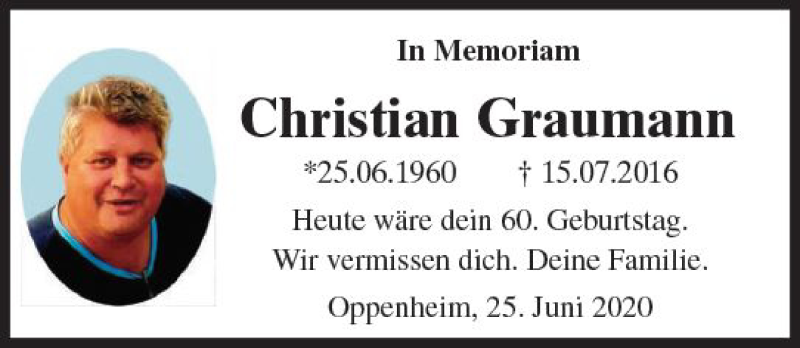  Traueranzeige für Christian Graumann vom 25.06.2020 aus vrm-trauer