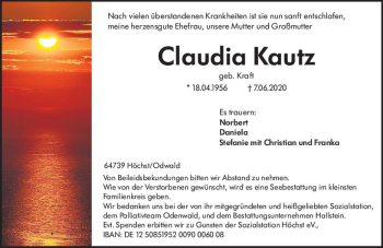 Traueranzeige von Claudia Kautz von vrm-trauer