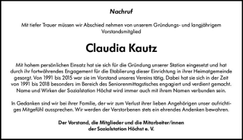 Traueranzeige von Claudia Kautz von vrm-trauer