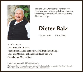 Traueranzeige von Dieter Balz von vrm-trauer