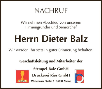 Traueranzeige von Dieter Balz von vrm-trauer