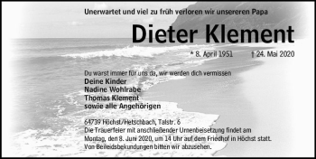 Traueranzeige von Dieter Klement von vrm-trauer