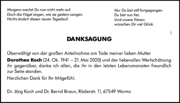 Traueranzeige von Dorothea Koch von vrm-trauer