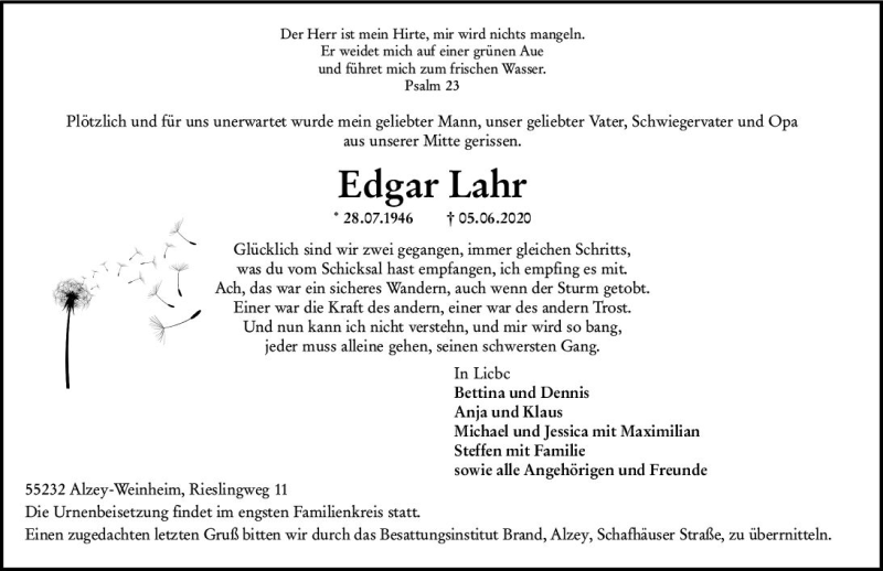  Traueranzeige für Edgar Lahr vom 09.06.2020 aus vrm-trauer
