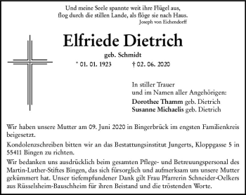 Traueranzeige von Elfriede Dietrich von vrm-trauer