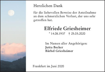 Traueranzeige von Elfriede Griesheimer von vrm-trauer