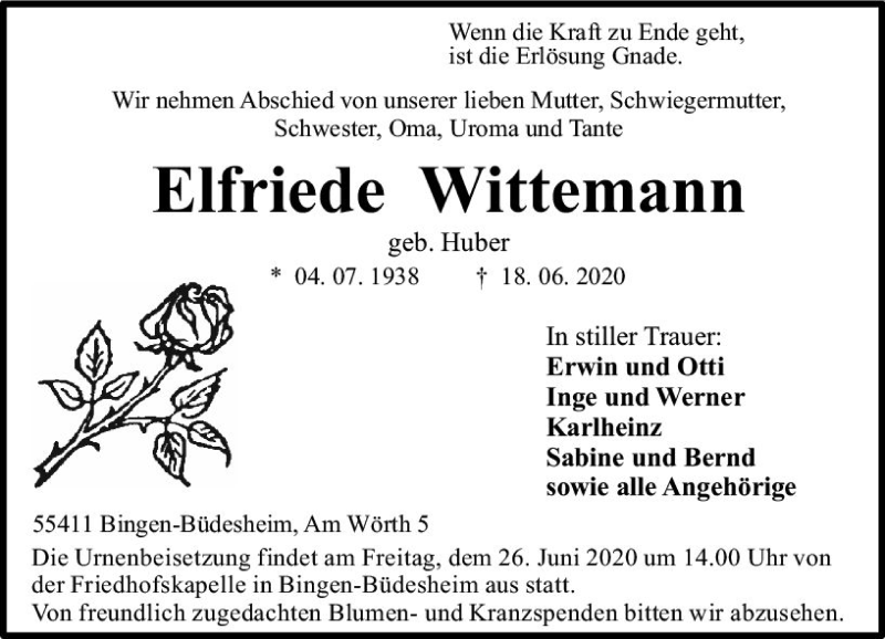  Traueranzeige für Elfriede Wittemann vom 20.06.2020 aus vrm-trauer