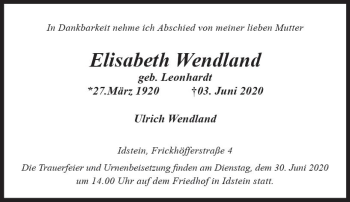 Traueranzeige von Elisabeth Wendland von vrm-trauer