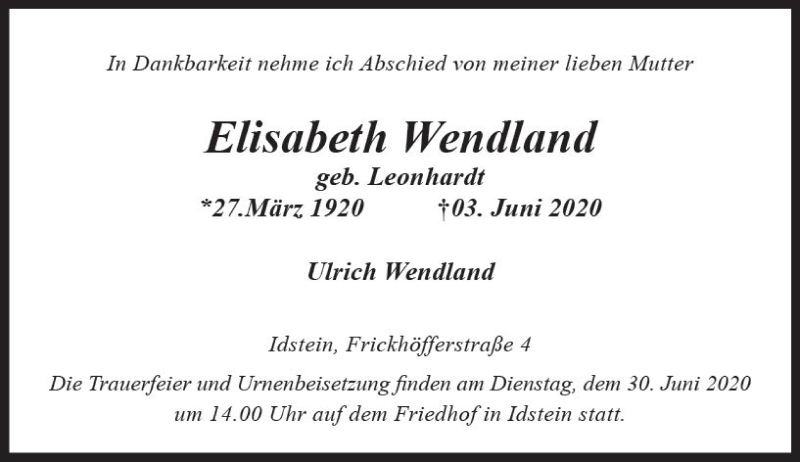  Traueranzeige für Elisabeth Wendland vom 20.06.2020 aus vrm-trauer