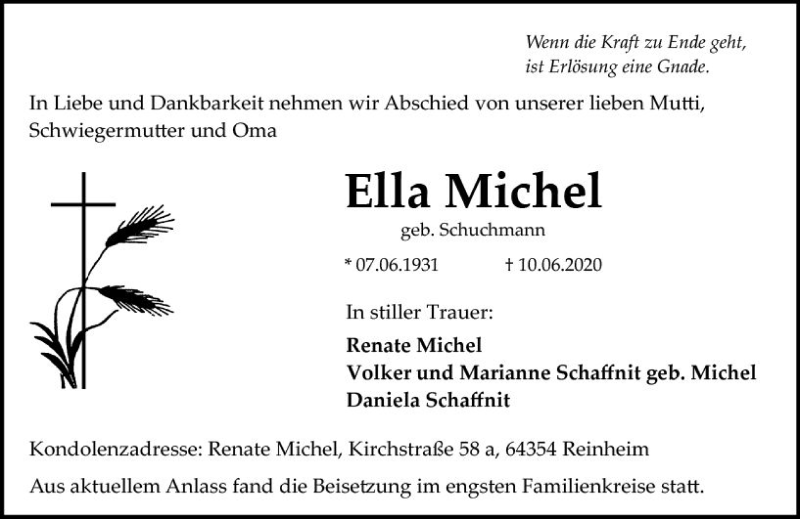 Traueranzeige für Ella Michel vom 20.06.2020 aus vrm-trauer