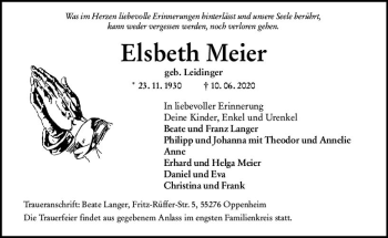 Traueranzeige von Elsbeth Meier von vrm-trauer