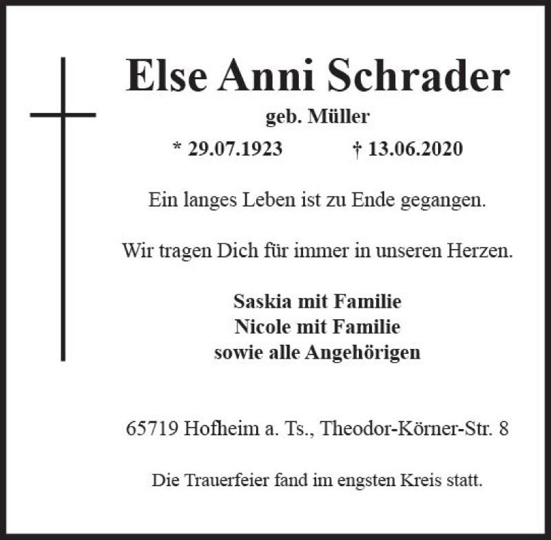  Traueranzeige für Else Anni Schrader vom 19.06.2020 aus vrm-trauer