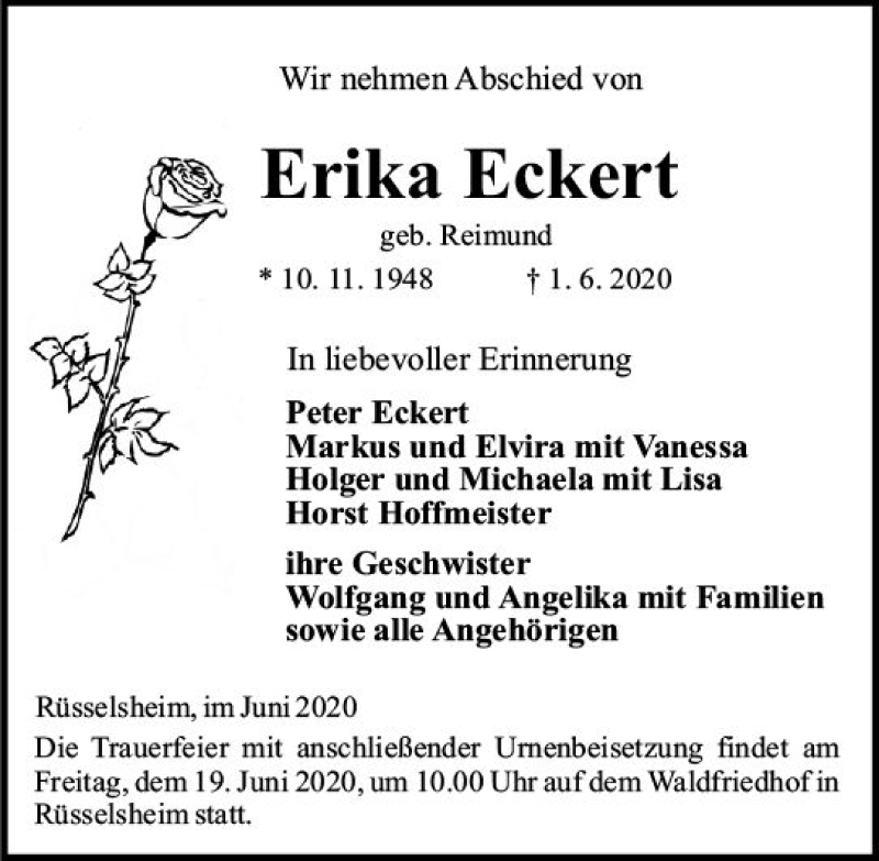  Traueranzeige für Erika Eckert vom 13.06.2020 aus vrm-trauer