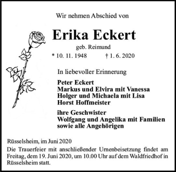 Traueranzeige von Erika Eckert von vrm-trauer